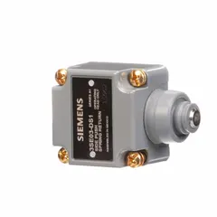 Momentary-action plunger head with side actuator location and side roller position. Compatible with Siemens 3SE03 series enclosures for industrial position sensing in automated machinery and conveyor systems.