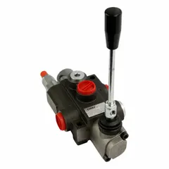 This manual spool monoblock valve is a four-way, three-position directional control valve with a tandem center and spring-centered neutral. It is used in hydraulic systems to control the direction of fluid flow to cylinders or motors. Typical applications include agricultural, construction, and industrial machinery requiring precise directional control.