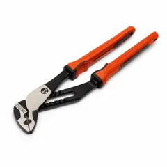 Flat-jaw tongue and groove pliers with serrated groove-joint design. Overall length 10 in, maximum jaw opening 2 1/8 in. Used for gripping, turning, and clamping nuts, bolts, pipes, and fittings in industrial maintenance, plumbing, and mechanical work.