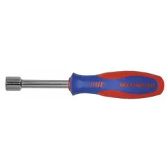 This SAE standard nut driver has a 1/2 in tip size and a hollow round shank that accommodates long threaded rods. It is designed for manual driving and removal of hex nuts and bolts in assembly, maintenance, and repair tasks. The tool is not magnetized.