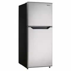 Top-freezer refrigerator with 10.1 cu ft total capacity, automatic defrost, and 4 shelves. Features a swing solid door and operates on 115V with a 3-prong plug. Suitable for apartments, offices, or small commercial spaces.