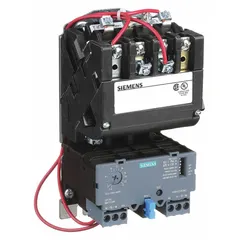 Three-pole NEMA Size 0 non-reversing motor starter rated 18 A with 110/120V AC coil. Electronic overload protection eliminates need for thermal units. Includes pilot light and one normally open auxiliary contact. Screw terminals. Used for starting and stopping three-phase motors in industrial applications such as conveyors, pumps, and compressors.