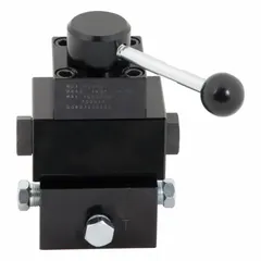 This lever-operated directional control valve features three positions and manifold mounting with 1/4" NPT ports. It is used to direct hydraulic fluid flow in industrial systems such as machine tools, presses, and material handling equipment where manual three-position control is required.