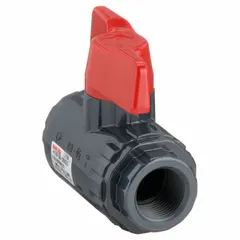 PVC ball valve for manual on/off flow control. Straight, one-piece tee configuration. Rated to 150 psi CWP. Suitable for use in industrial fluid systems where corrosion resistance is required.