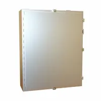 This stainless steel enclosure measures 30 x 24 x 8 inches and is rated NEMA 12/13/3R/4/4X for protection against dust, water, and corrosion. It includes an inner panel and uses clamp closure. Suitable for housing electrical controls, terminals, and instruments in indoor or outdoor industrial environments