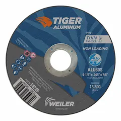 Type 1 cut-off wheel for soft metals. Aluminum oxide abrasive with 60 grit. Dimensions: 4-1/2" diameter, 0.045" thickness, 7/8" arbor hole. Suitable for cutting aluminum and non-ferrous metals.
