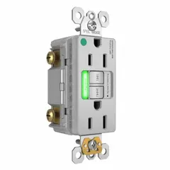 This LEGRAND GFCI duplex receptacle is rated 125V AC and 15A with a 5-15R configuration, 2-pole/3-wire grounding. The gray unit provides ground-fault protection for general purpose applications in commercial and institutional settings where personnel safety is required.