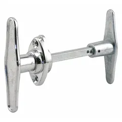 This latching T-handle is designed for manual operation of garage door locking mechanisms. It engages the latch bars to secure the door and is suitable for use on residential and light commercial garage doors.