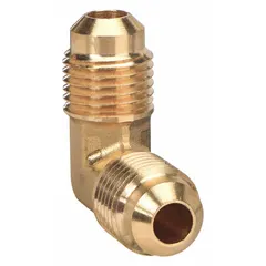 Brass 45-degree flare tube elbow with 3/16 in OD x 3/16 in OD fitting size. Designed to SAE J513 standards for leak-resistant connections in hydraulic, pneumatic, and fluid-handling systems. Suitable for instrumentation, lubrication, and general industrial circuits.