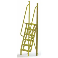 Steel platform ladder with 8.5 ft overall height, 30 in width, and 20 in depth. Yellow finish. Used for industrial access, maintenance, warehousing, and assembly-line tasks requiring a stable elevated platform.