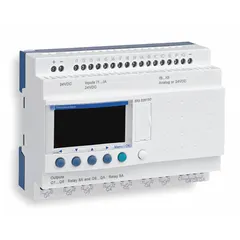 Smart relay with 6 discrete inputs and 4 relay outputs. Includes a built-in clock for time-based control. Operates on 100 to 240V AC power. Suitable for logic and timing control in automation systems.