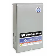 Single-phase control panel for submersible deep-well pumps. Rated 230V AC, 4.3 A. Housed in a NEMA 3R enclosure for outdoor protection against rain and sleet. No switch included. Used in residential or light commercial water systems for manual or automatic pump operation.