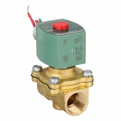 This REDHAT solenoid valve is a 2-way/2-position, normally closed type with a 3/4 in pipe size and 110V AC voltage. The watertight coil enclosure allows use in damp or washdown environments. It is suitable for on/off control of liquids or gases in industrial automation, irrigation, and process control systems.