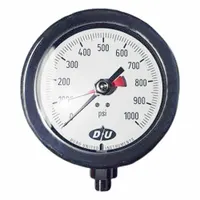 This DURO pressure gauge features a 4 1/2 in white dial with black pointer and red max hand, measuring 0 to 1,000 psi with ±0.5% accuracy. The stainless steel case and wetted parts resist corrosion in industrial environments. A 1/4 in NPT male bottom connection allows installation on hydraulic or pneumatic lines, pumps, and compressors. The red max hand records peak pressure for maintenance diagnostics