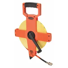 Manual open-reel long tape measure with a 200 ft fiberglass blade. Features double-sided SAE/Engineers scale with 1/8 in graduations, nonmagnetic double hook end, and plastic case. Suitable for measuring long distances in construction, surveying, and industrial layout work.