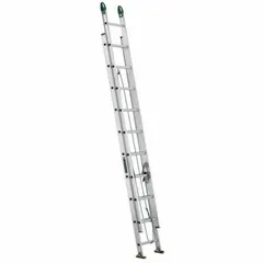 This 16 ft aluminum extension ladder has a fixed fly and a 225 lb load capacity. It weighs 27 lb and includes a rope and pulley for operation. Suitable for accessing elevated work areas in maintenance, construction, and facility management.
