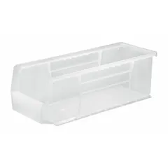 Clear plastic bin for organizing small parts, components, and hardware in industrial storage systems. Measures 5-1/2 x 14-3/4 x 5 inches with a 50 lb load capacity. Not electrostatic discharge conductive; contains 0% recycled content.