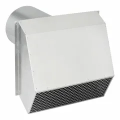 Round wall cap for terminating 10-inch exhaust ducts on building exteriors. Made of 20 ga 5052 aluminum with a silver finish, press-fit connection, and includes a screen to prevent debris entry. No backdraft damper. Suitable for bathroom, kitchen, or dryer exhaust venting.