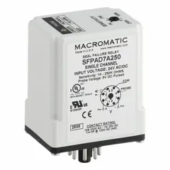 Socket-mounted relay with single channel, rated 10 A at 24V AC/DC. Used in industrial control systems for monitoring seal integrity on rotating equipment such as pumps and compressors, triggering alarms or shutdown upon excessive leakage.