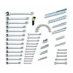 This 151-piece tool-only set includes a 9-piece metric L-key set with long arms in a tool holder, 17 hand sockets (12-point deep metric), and 10 metric crowfoot wrenches. Designed for use with metric fasteners in assembly, maintenance, and repair tasks.
