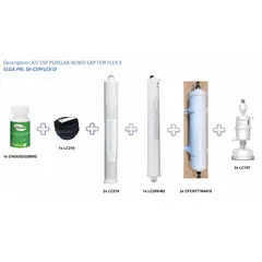 This kit includes expendable components and sanitization items for maintaining water purification systems. It is intended for use with Flex 1, 2, and 6 units in laboratory or industrial settings.