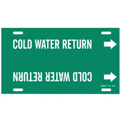 BRADY Pipe Marker: Cold Water Return, Green, White, Fits 8 to 9 7/8 in Pipe O.D. - Cold Water Return Strap-On Pipe Markers