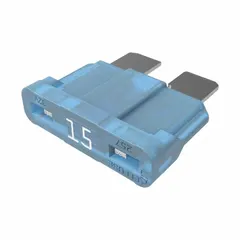 Fast-acting blade fuse rated 15 A at 32 V DC. Features visual indication for blown fuse status. Suitable for overcurrent protection in DC circuits, commonly used in automotive and marine electrical systems.