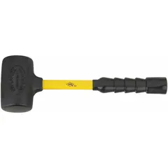 Standard dead-blow hammer with a 4 lb head weight, 2 3/4 in hammer face diameter, and 15 in overall length. The head is constructed of polymer over composite, and the fiberglass handle provides a secure grip. Designed to minimize rebound, it is suitable for striking chisels, aligning parts, or seating bearings without marring surfaces.