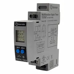 DIN rail-mounted time delay relay with adjustable timing from 0.1 seconds to 999 hours. Operates on 24 to 240 V AC/DC supply voltage. Used to control timing sequences in industrial automation, HVAC, and process control systems.