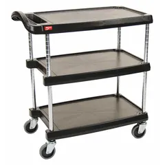 This polymer lab cart includes three shelves and measures 31 1/2 inches long, 18 3/8 inches wide, and 35 1/2 inches high. It is used for transporting instruments, glassware, and supplies within laboratory, cleanroom, and industrial environments.