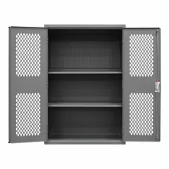 This assembled industrial ventilated shelf cabinet features a gray steel body with a pegboard back panel for hanging tools. It includes two adjustable shelves and a swing handle with keyed lock for security. The frame base allows floor placement in workshops, warehouses, and maintenance facilities.