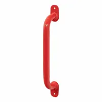 Steel grab handle in red finish, designed for van shelving systems. Provides a secure handhold for entering or exiting the cargo area. Includes universal fitment hardware for installation. Overall length 14 13/32 in, width 2 13/16 in
