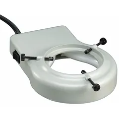 Fluorescent ring light for stereo-zoom microscopes. Provides shadow-free illumination for inspection and assembly tasks. Compatible with Luxo Stereo-Zoom microscopes, model 18714.