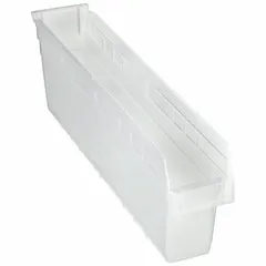 Clear plastic shelf bin with overall length of 23 5/8 in and dimensions of 4 3/8 in x 8 in. Nesting capable for space-saving storage when empty. Suitable for organizing small parts, components, and hardware on shelving in warehouses, workshops, and industrial facilities. Not electrostatic discharge conductive. Dividers not included.