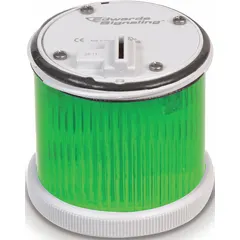 Steady light module with green lens for continuous visual indication. Operates on 24V AC or DC. 70 mm diameter. Compatible with Class 200 tower light systems. Used in industrial signaling for machine status or process condition indication.