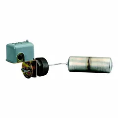 Side-mounted float switch for liquid level detection in industrial tanks and vessels. Features DPST-2NO contacts that open on rising level, 90° float rod angle, and screw clamp electrical connection. Requires minimum media specific gravity of 0.85.