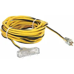 This outdoor extension cord is 50 ft long with three grounded outlets, featuring a NEMA 5-15P plug and 12/3 SJTW construction. Rated for temperatures from -40° to 167°F, it is suitable for powering tools, lights, or equipment in outdoor environments such as construction sites, landscaping, or event setups.