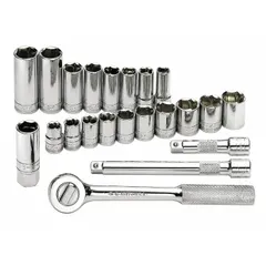 This 22-piece set includes a 7.6 in fixed round head ratchet with 3/8 in drive and friction ring, plus metric sockets from 10 mm to 19 mm. The 6-point design provides a secure grip on hex fasteners. Suitable for tightening and loosening metric bolts and nuts in automotive, industrial, and mechanical applications.