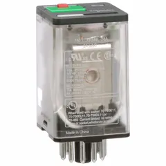 Socket-mounted relay from the 750R Series with a 24V AC coil, 3PDT contact configuration, and 10 A current rating at 250V AC-1 (resistive load). Features an octal base with round pins, plug-in mounting, and 11-pin terminal connection. Suitable for switching loads in industrial control panels and automation systems.