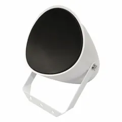 Indoor 1-way projection speaker with 8 ohm impedance and 6 3/4-inch width. Powered design for direct connection to audio sources. Suitable for paging, background music, or public address systems requiring focused sound coverage.