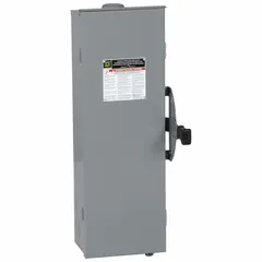 Fusible safety switch rated 30 A, three-phase, 600V AC. Galvanized steel enclosure suitable for indoor and outdoor installations. Provides a means to safely disconnect power for maintenance or emergency shutdown in electrical systems.