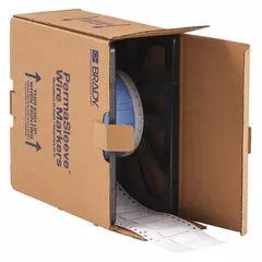 Polyolefin sleeve label roll, white matte finish, measuring 1/2 in x 1 1/2 in. Designed for wire gauges 1 AWG to 8 AWG. Compatible with BBP12 printer series. Used for permanent wire and cable identification in electrical panels, machinery, and control systems.