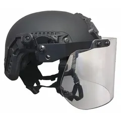 This riot face shield features a 6-inch polycarbonate visor and a rail adapter for mounting. It locks into stowed or deployed positions, suitable for use in crowd management and security operations.