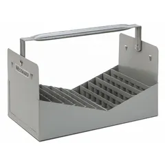 Steel caddy with 42 compartments designed to organize and store 1/2 in and 3/4 in pipe nipples. Measures 6-5/8 in high by 12-1/2 in wide. Used in maintenance, plumbing, and fabrication shops for sorting threaded pipe nipples by size.