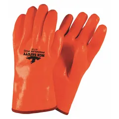 These PVC-coated gloves feature a foam lining for insulation in cold conditions and a gauntlet cuff for wrist protection. Suitable for material handling, construction, and warehouse tasks where grip and insulation are required. Supplied in a 12-pack, size L, orange color.
