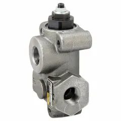 Cast iron inline pressure relief valve with a minimum pressure rating of 0 psi and maximum of 2000 psi. Used in hydraulic systems to limit pressure by diverting excess flow, protecting components such as pumps and actuators in industrial machinery and mobile equipment.