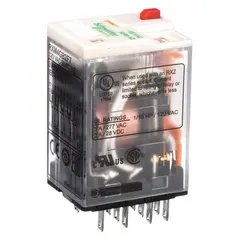 Socket-mounted relay from the Harmony RXM Series with a square base and flat pins for plug-in mounting. Features 4PDT contacts rated at 3 A and 120V AC, with quick-connect terminals. Suitable for general-purpose switching and control in industrial automation and panel applications.