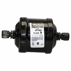 Steel shell filter drier with 3/8 in male SAE flare connection, 4.9 in length. Used as a recovery pre-filter in HVAC and refrigeration systems to capture contaminants before they reach the main filter drier, protecting compressors and expansion valves during servicing or after a burnout.
