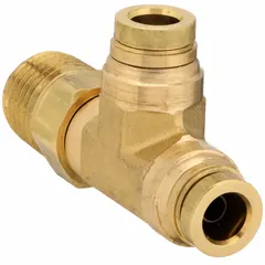 Brass tee fitting with push-to-connect x push-to-connect x male NPT ports. Connects 1/2 in OD tubing to 1/2 in male pipe thread. Used in air brake and pneumatic systems for branching or combining lines without tools.