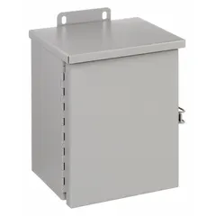 Painted steel enclosure with hinged solid cover, measuring 10 x 8 x 6 inches. Rated NEMA 3R for outdoor use, protecting against rain and sleet. Includes knockouts for conduit entry and padlock hasp closure. Suitable for housing electrical controls and components in damp locations.